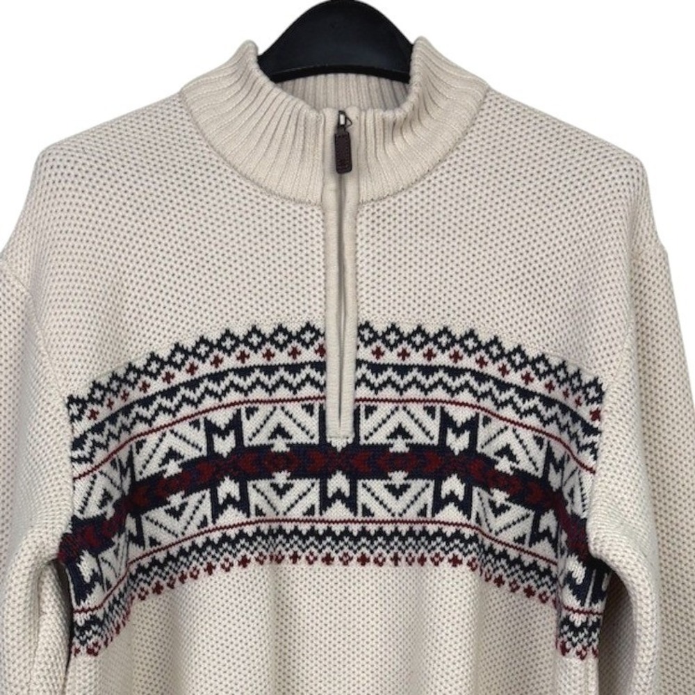 Vintage Y2K IZOD Quarter Zip Sweater Mens XXL Cream Fair Isle Nordic Cotton Knit